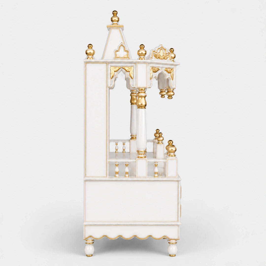 Apratima Medium Floor Rested Pooja Mandir Without Door (White Gold) Side Angle