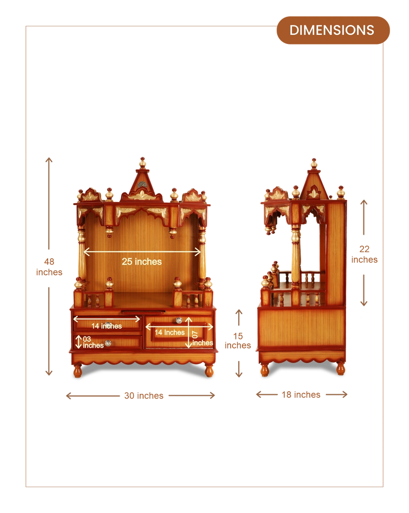 Apratima Medium Floor Rested Pooja Mandir without door (Teak Gold) dimensions