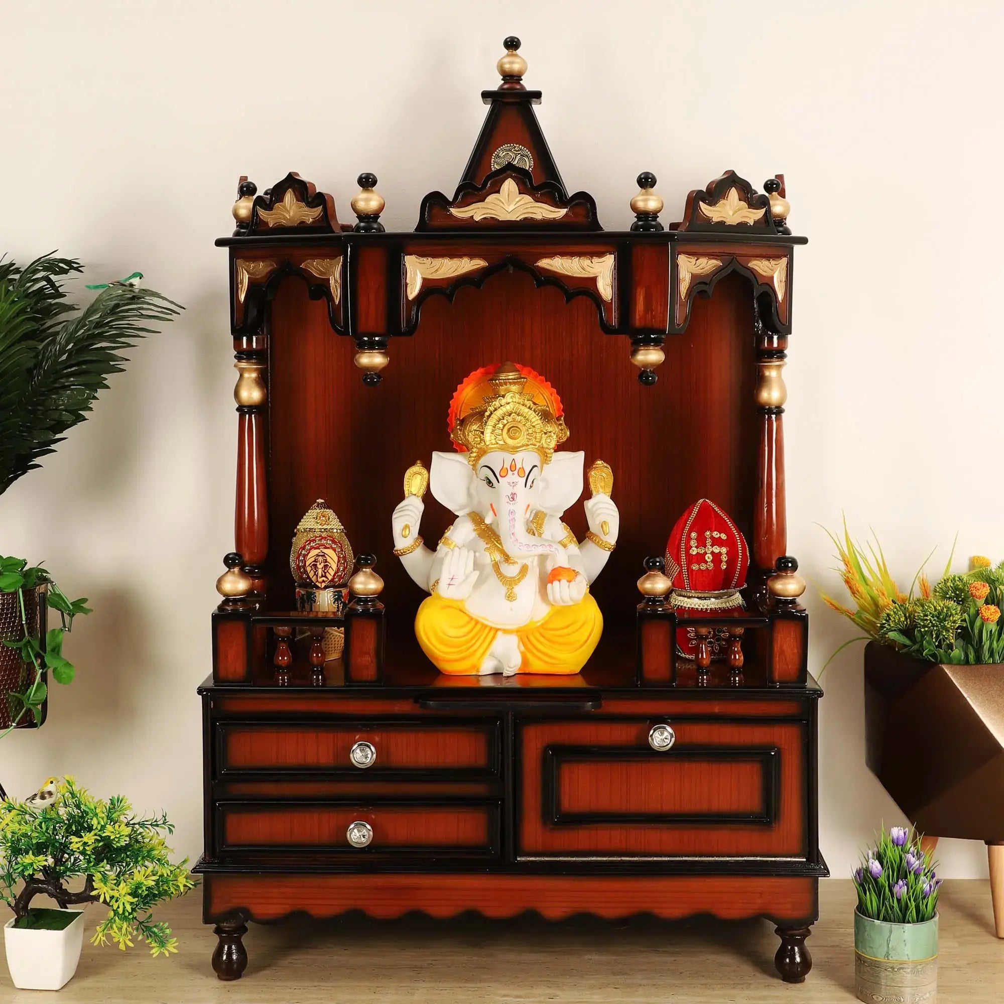 Apratima Medium Floor Rested Pooja Mandir without door Brown Gold color lifestyle image