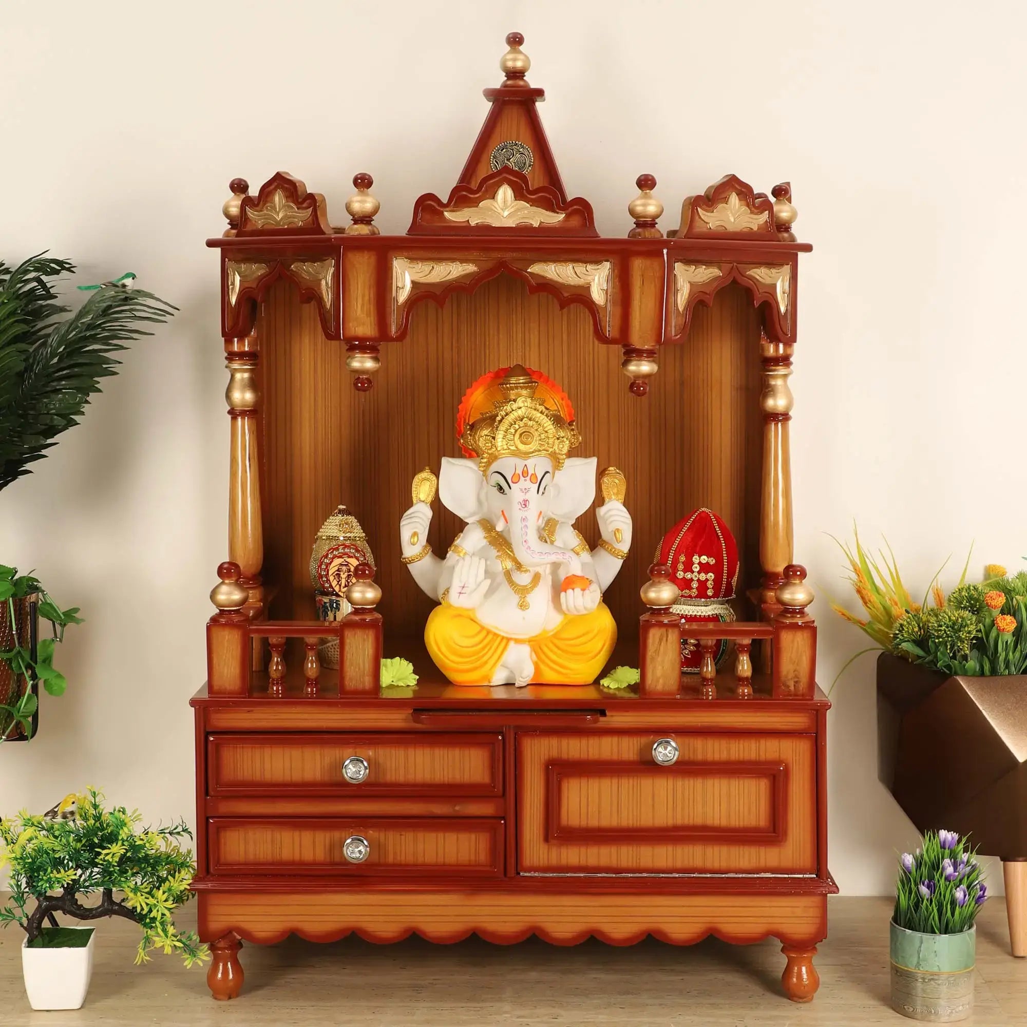 Apratima Medium Floor Rested Pooja Mandir without door Teak Gold color lifestyle image