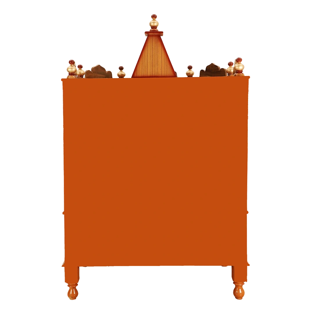 Apratima Medium Floor Rested Pooja Mandir/Wooden temple for home in Teak Gold color back view