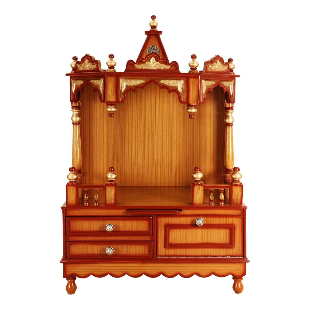 Apratima Medium Floor Rested Pooja Mandir/Wooden temple for home in Teak Gold color front view
