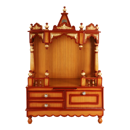 Apratima Medium Floor Rested Pooja Mandir/Wooden temple for home in Teak Gold color front view