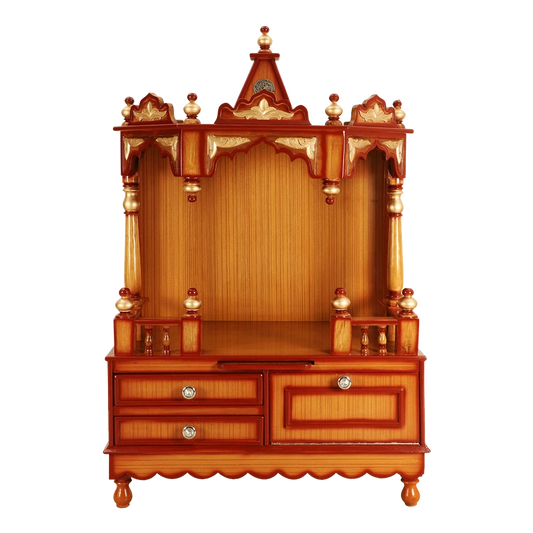 Apratima Medium Floor Rested Pooja Mandir/Wooden temple for home in Teak Gold color front view