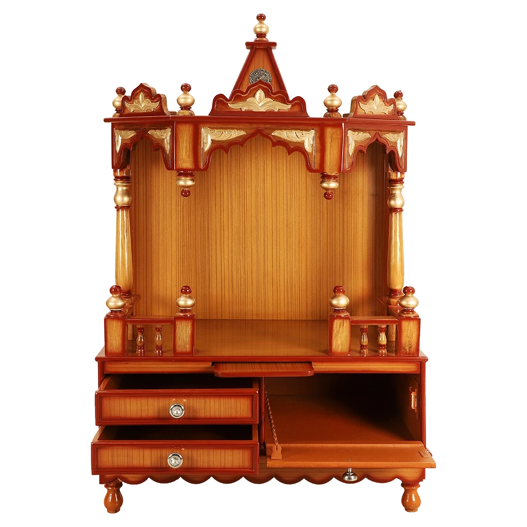 Apratima Medium Floor Rested Pooja Mandir/Wooden temple for home in Teak Gold color front view open drawers