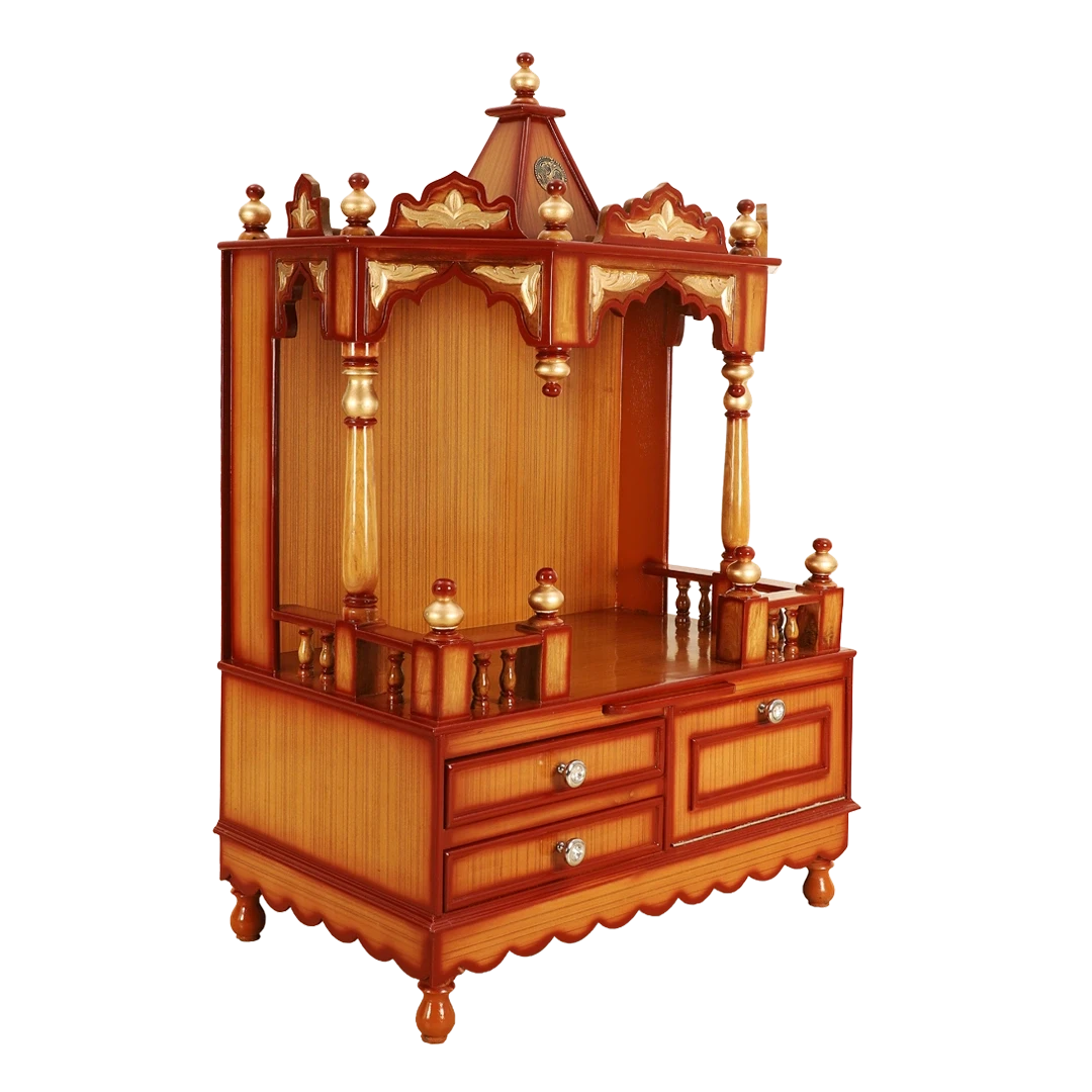 Apratima Medium Floor Rested Pooja Mandir/Wooden temple for home in Teak Gold color 45° side view