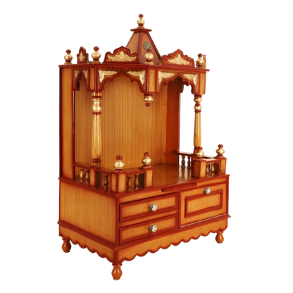 Apratima Medium Floor Rested Pooja Mandir/Wooden temple for home in Teak Gold color 45° side view