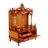 Apratima Medium Floor Rested Pooja Mandir/Wooden temple for home in Teak Gold color 45° side view open drawers