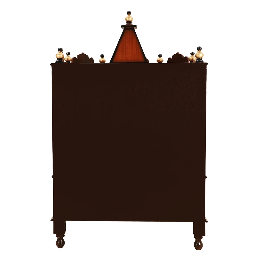 Apratima Medium Floor Rested Pooja Mandir/Wooden temple for home in Brown Gold color back view