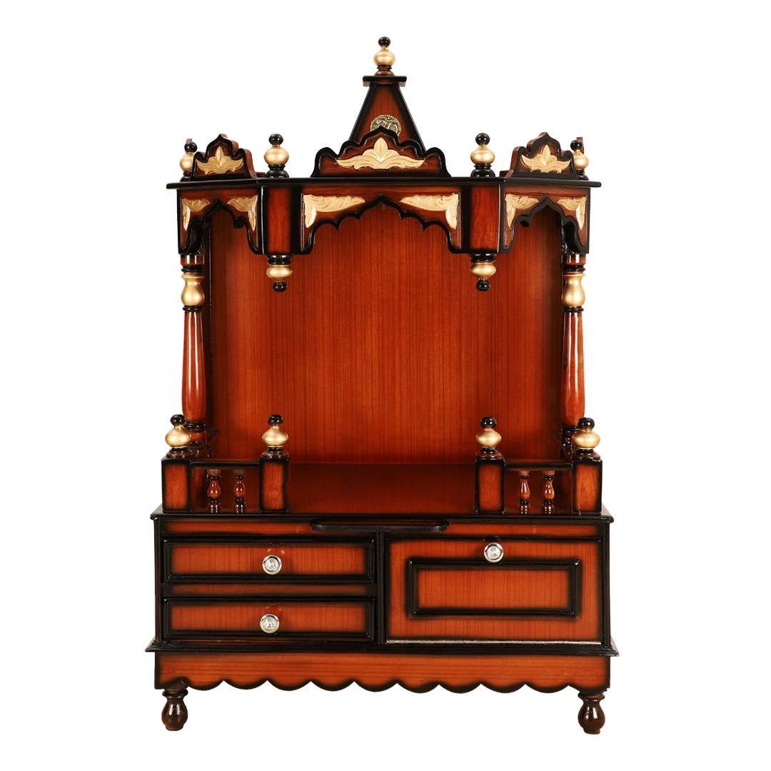 Apratima Medium Floor Rested Pooja Mandir/Wooden temple for home in Brown Gold color front view