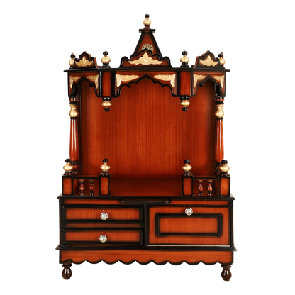 Apratima Medium Floor Rested Pooja Mandir/Wooden temple for home in Brown Gold color front view