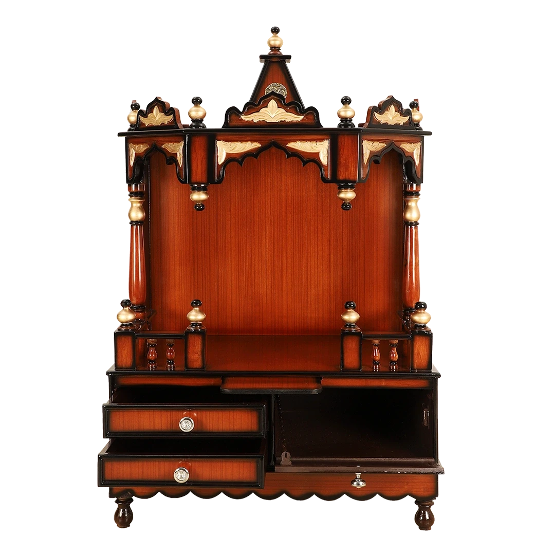 Apratima Medium Floor Rested Pooja Mandir/Wooden temple for home in Brown Gold color front view open drawers