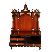 Apratima Medium Floor Rested Pooja Mandir/Wooden temple for home in Brown Gold color front view open drawers