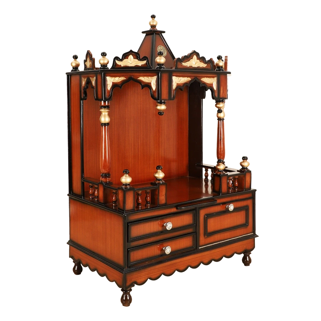 Apratima Medium Floor Rested Pooja Mandir/Wooden temple for home in Brown Gold color 45° side view