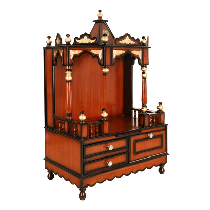 Apratima Medium Floor Rested Pooja Mandir/Wooden temple for home in Brown Gold color 45° side view