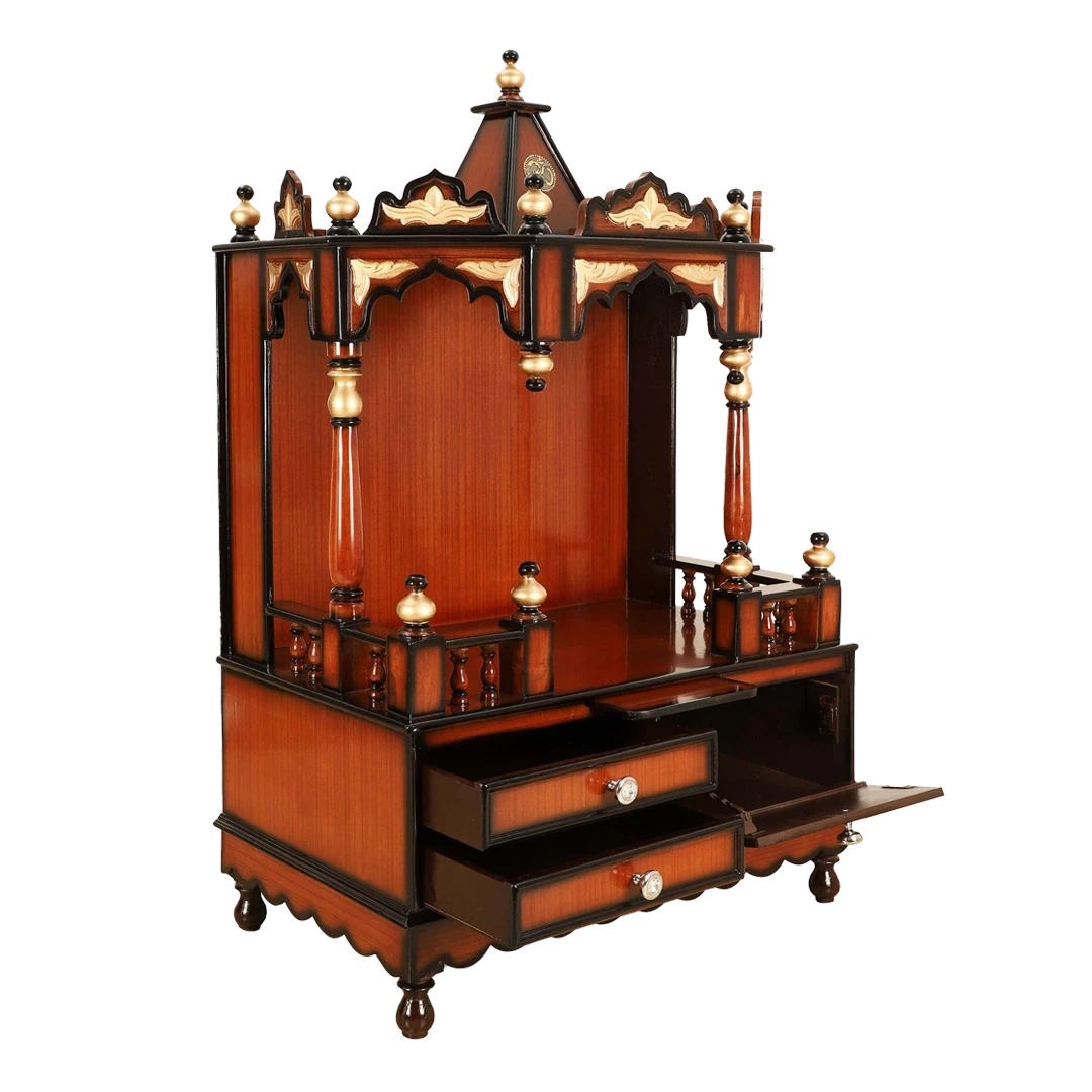 Apratima Medium Floor Rested Pooja Mandir/Wooden temple for home in Brown Gold color 45° side view open drawers