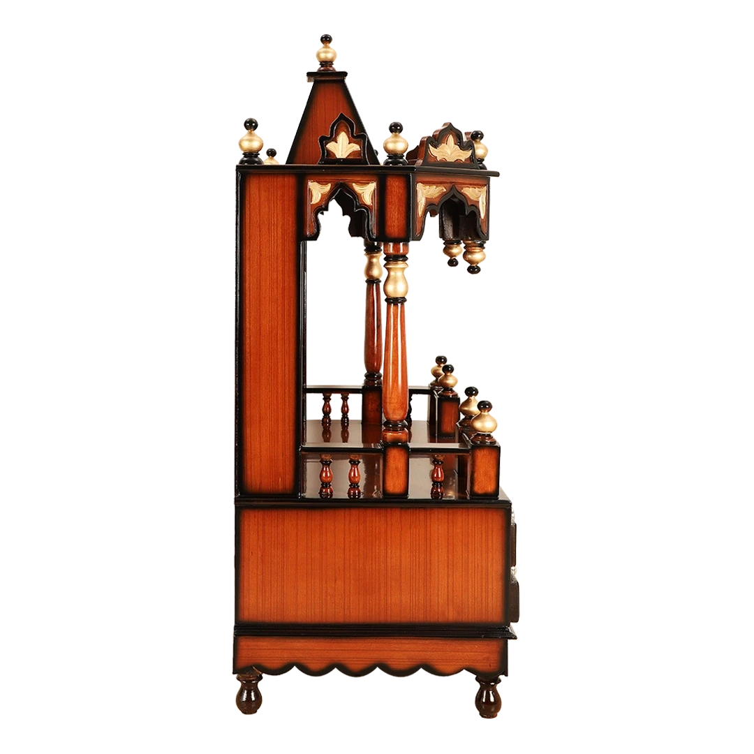 Apratima Medium Floor Rested Pooja Mandir/Wooden temple for home in Brown Gold color side view featuring Pillars