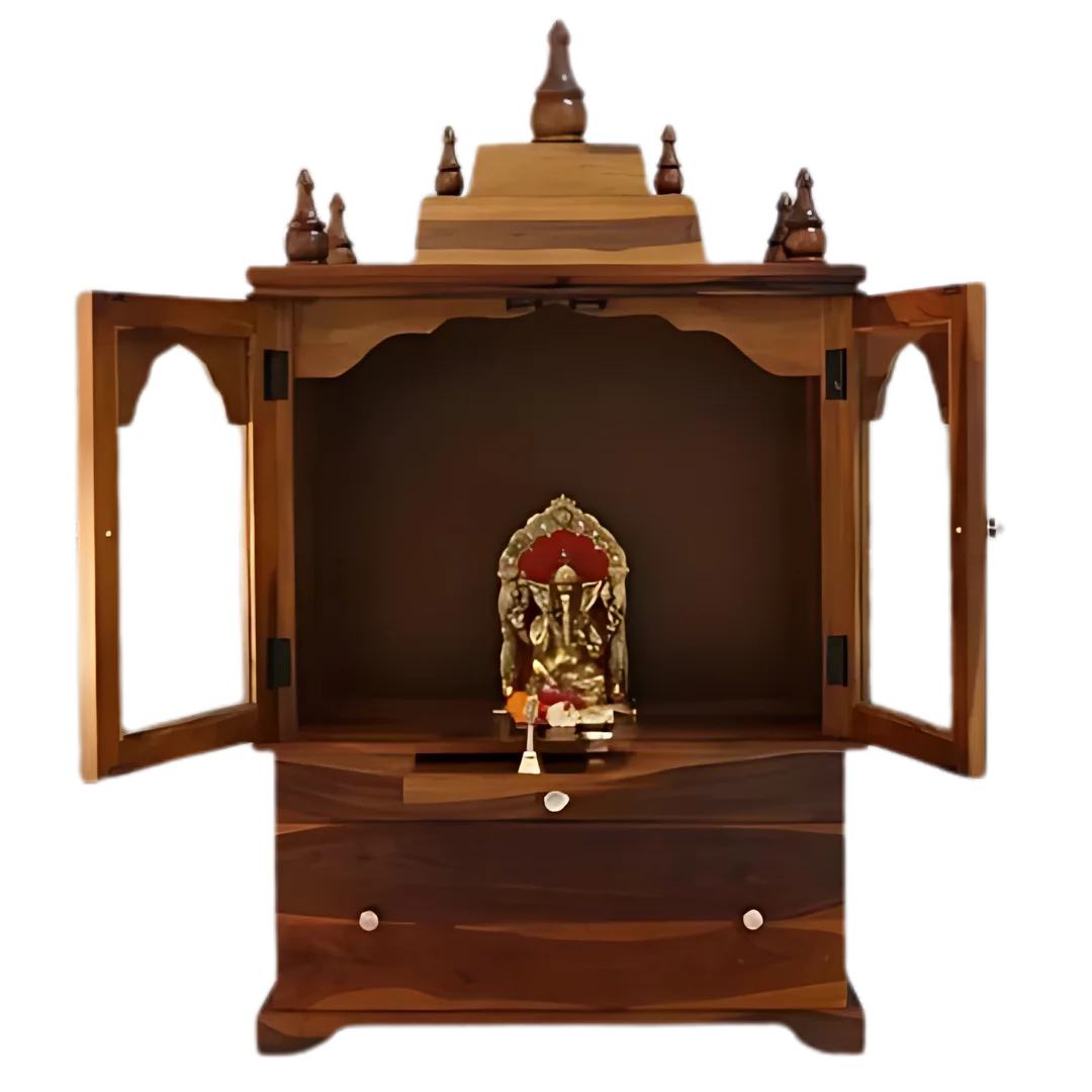 Aumesh Teak Wood Pooja Mandir with Door (Teak) open door front view