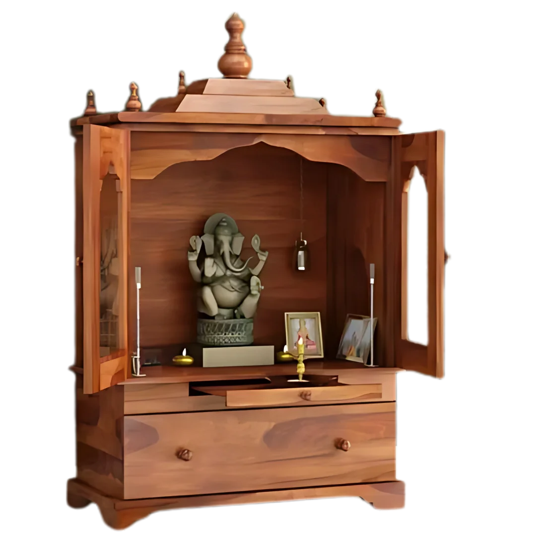 Aumesh Teak Wood Pooja Mandap With Door (Teak) Open Door Side view