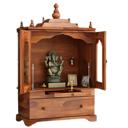 Aumesh Teak Wood Pooja Mandap With Door (Teak) Open Door Side view