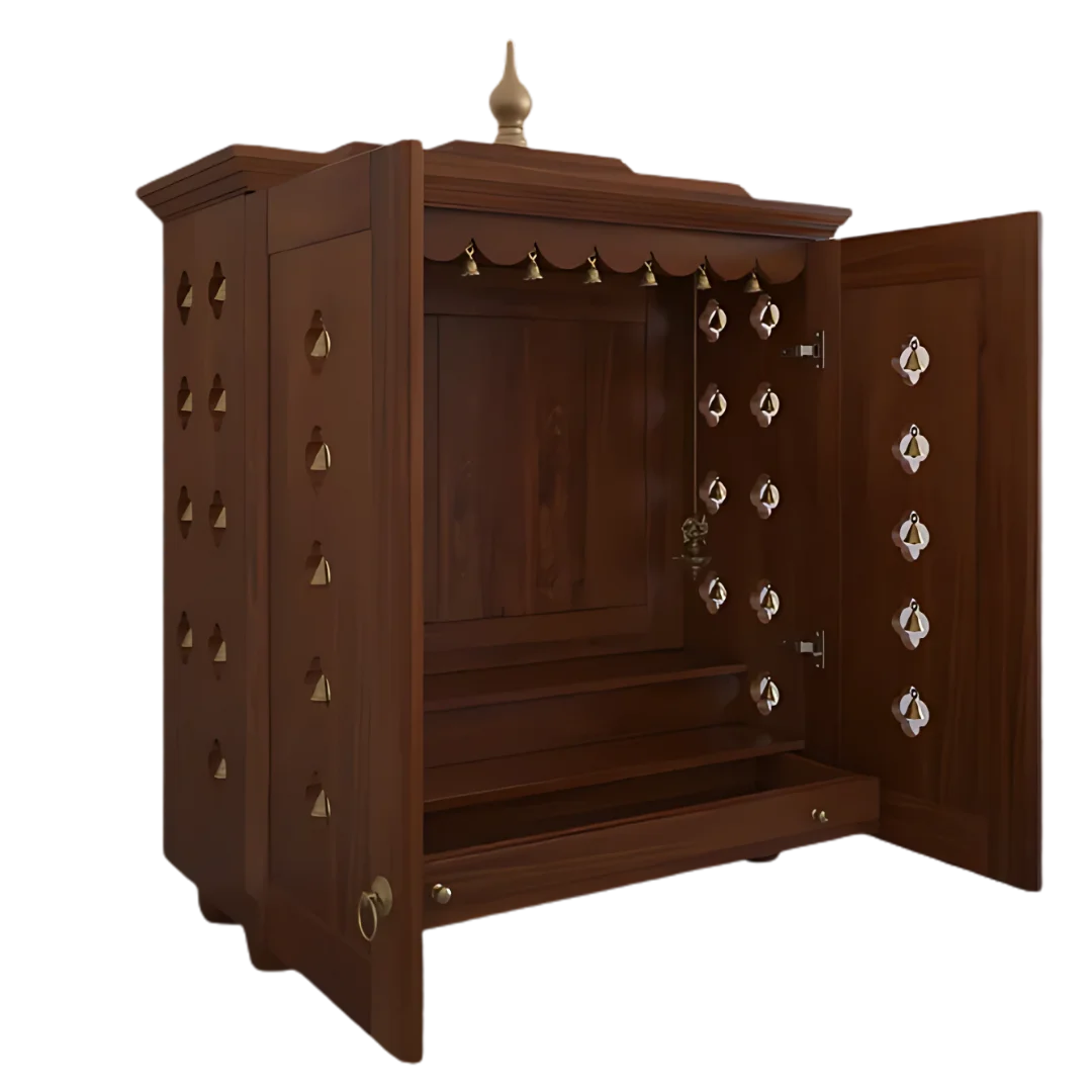 Aumkara Teak Wood Mandir with Door (Teak) open door side angle