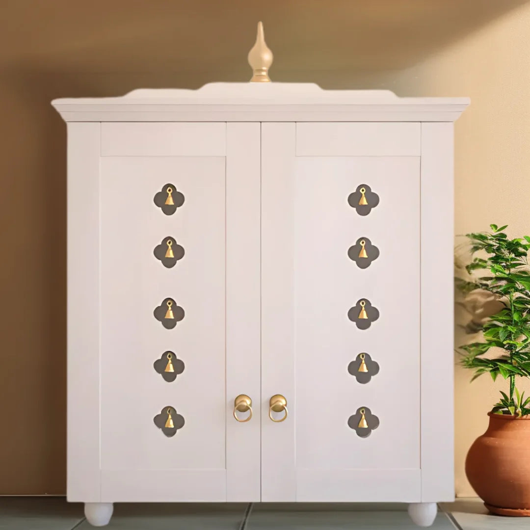 Aumkara Teak Wood Mandir with Door (White) Lifestyle Image