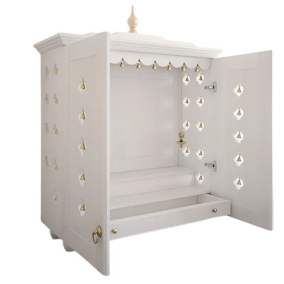 Aumkara Teak Wood Mandir with Door (White) side view