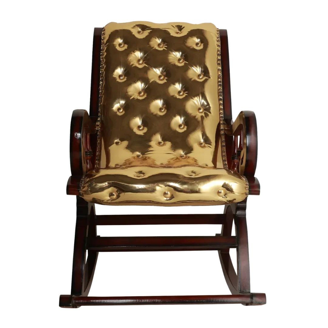 Aurum Fabric Upholstered Teak Wood Rocking Chair (Brown Gold) front view