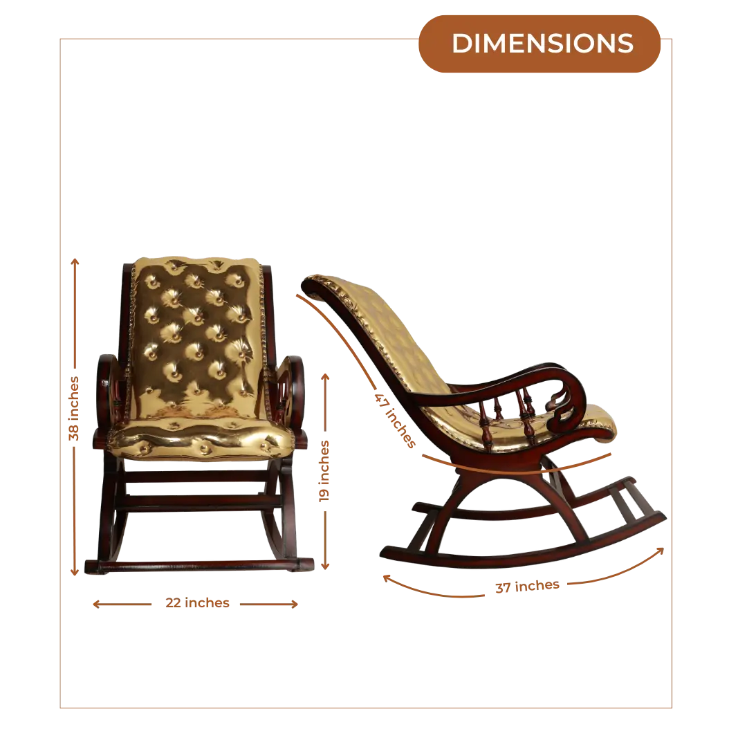 Aurum Fabric Upholstered Teak Wood Rocking Chair (Brown Gold) Dimensions Image
