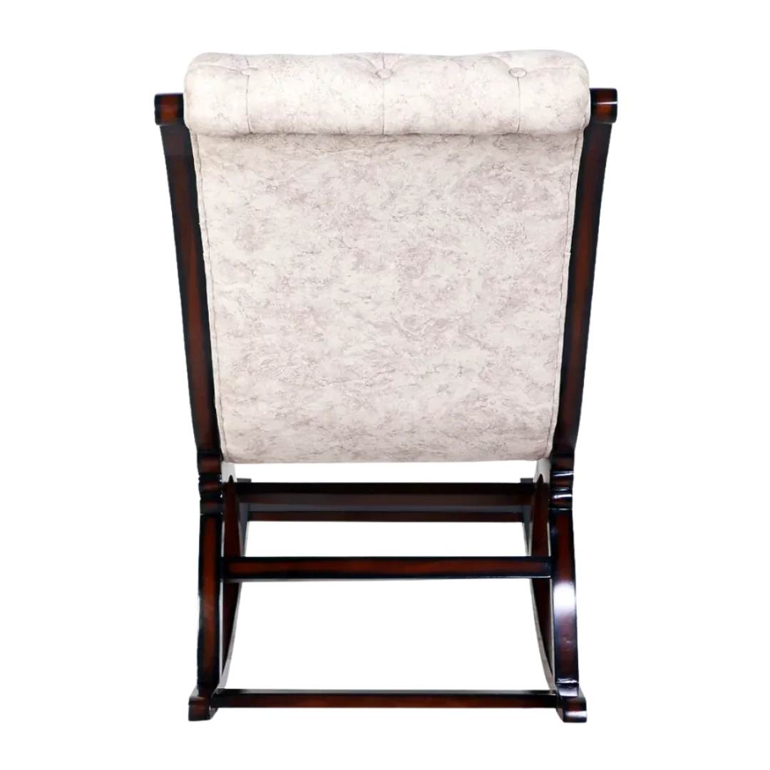 Back View of Touffy Fabric Upholstered Teak Wood Rocking Chair (Mahogany Beige)