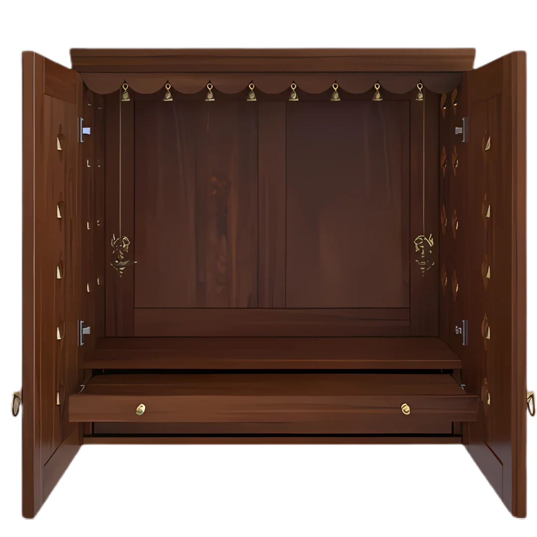 Barvya Pooja Mandir with Door (Teak) Front View with open doors