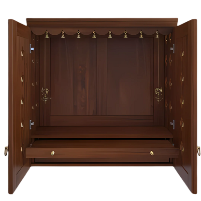 Barvya Pooja Mandir with Door (Teak) Front View with open doors