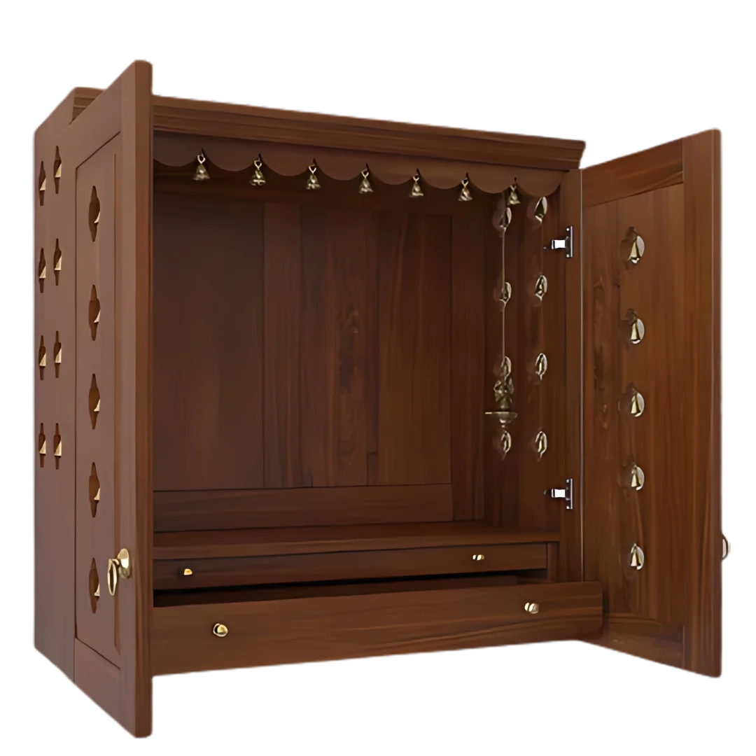 Barvya Pooja Mandir with Door (Teak) Side View with open doors