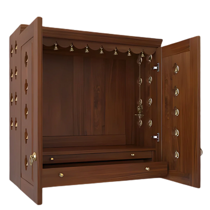 Barvya Pooja Mandir with Door (Teak) Side View with open doors
