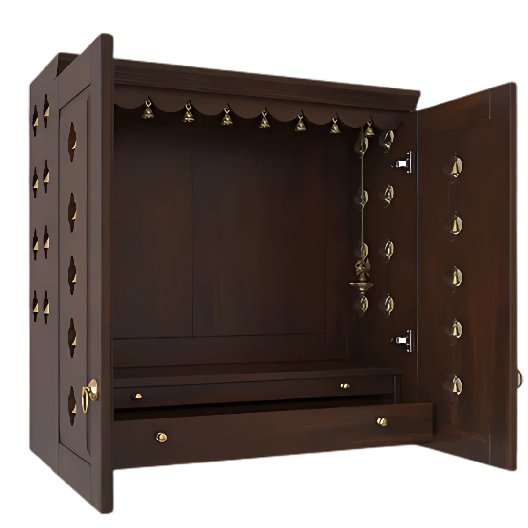 Barvya Pooja Mandir with Door (Wenge) Side View with open doors