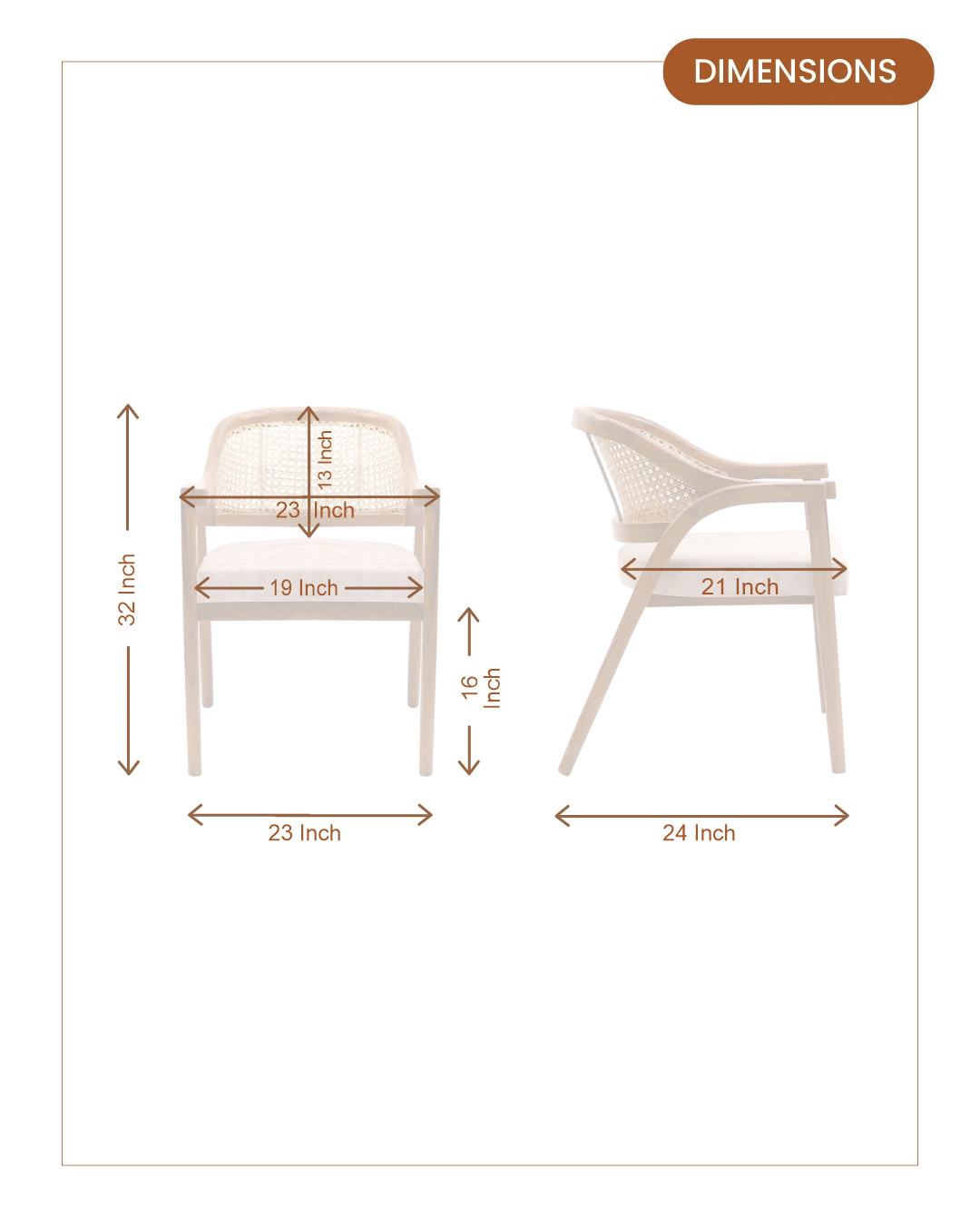 Bemla Teak Wood Arm Chairs (Teak Beige) Dimensions