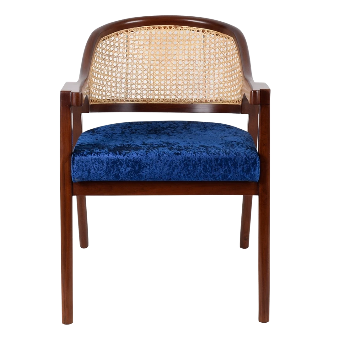 Bemla Teak Wood Arm Chair in Brown Blue color front view