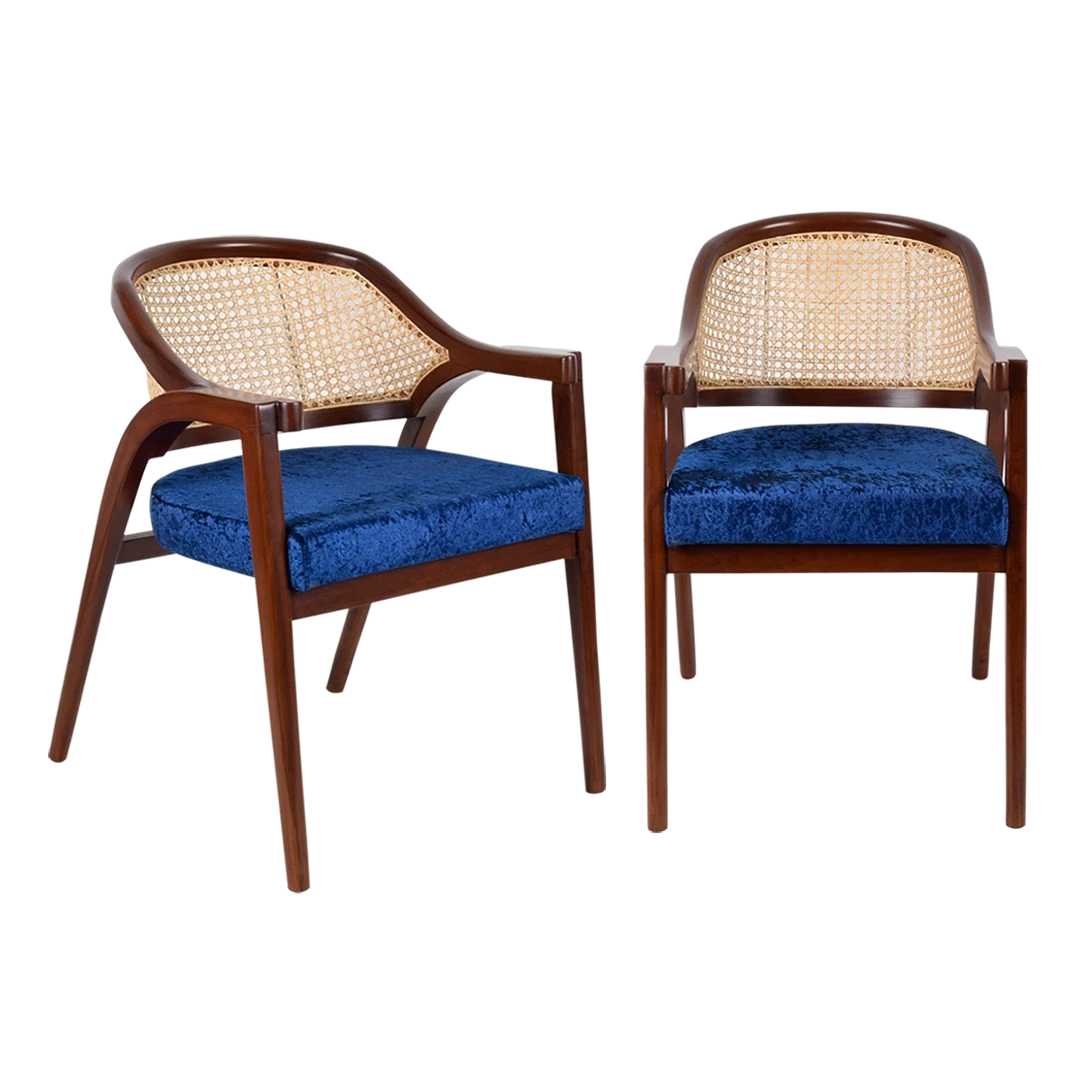 Bemla Teak Wood Arm Chair in Brown Blue color front view pair