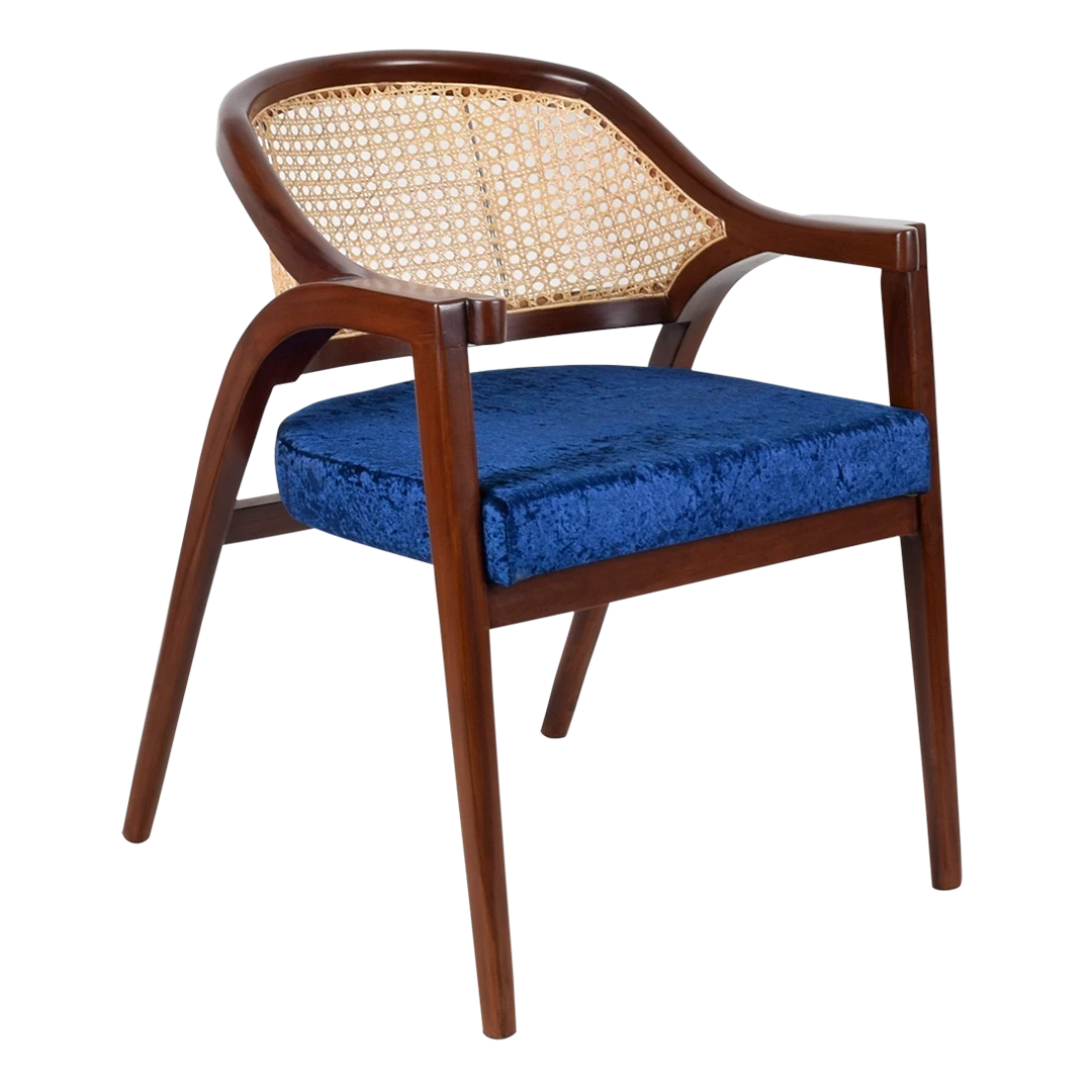 Bemla Teak Wood Arm Chair in Brown Blue color 45° side view