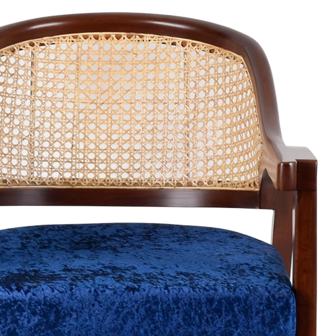 Bemla Teak Wood Arm Chair in Brown Blue color zoom view Cushion and Mesh