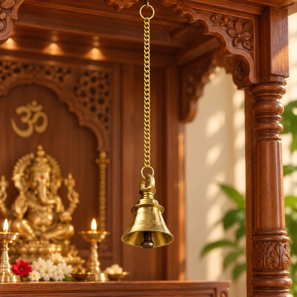 Bhakti Brass Pooja Bell Hanging in wooden temple