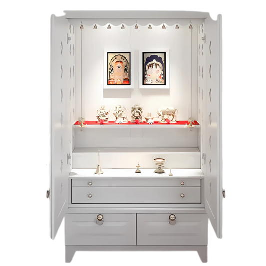 Bheema Teak Wood Pooja Mandap with Door(White) Open Door Front view