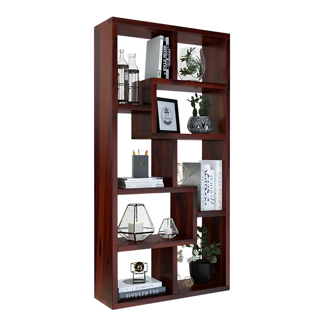 Booksy Teak Wood Book Shelf (Brown) With Decor