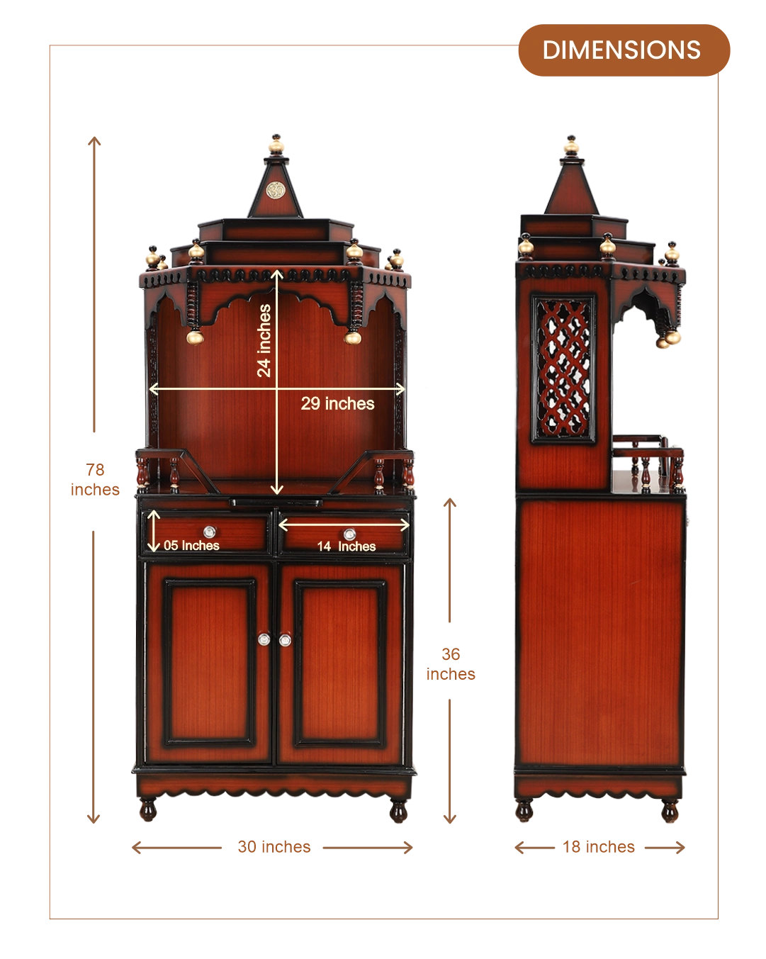 Brahma Kostha Large Floor Rested Pooja Mandap (Brown Gold) dimensions