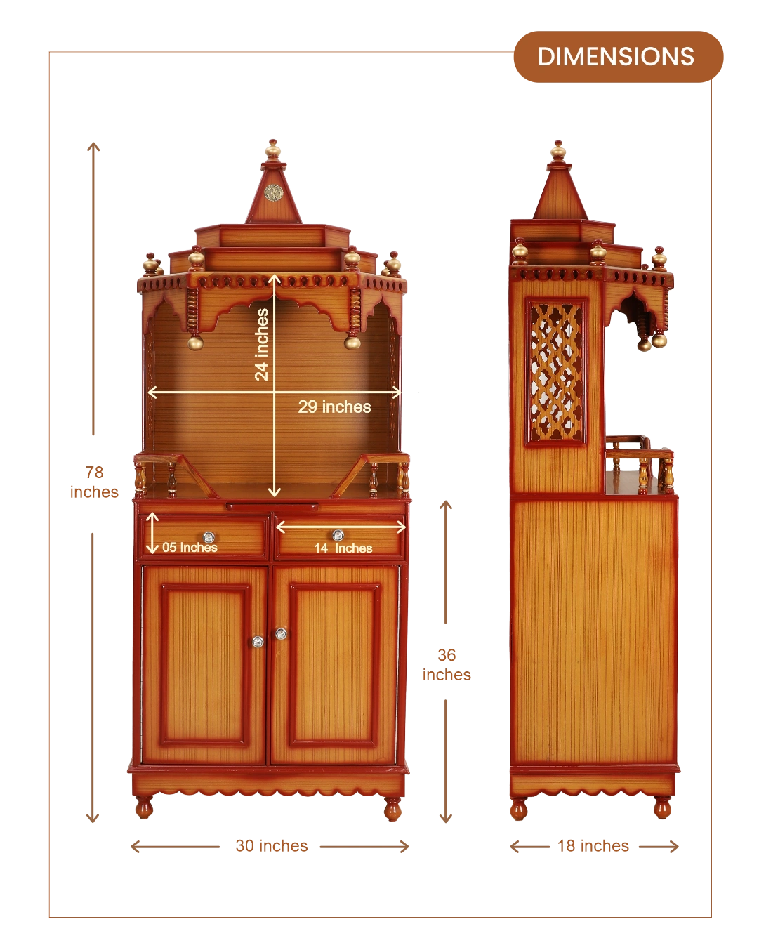 Brahma Kostha Large Floor Rested Pooja Mandap (Teak Gold) dimensions
