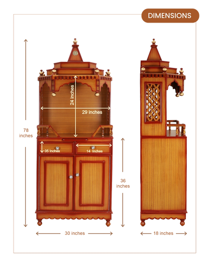 Brahma Kostha Large Floor Rested Pooja Mandap (Teak Gold) dimensions