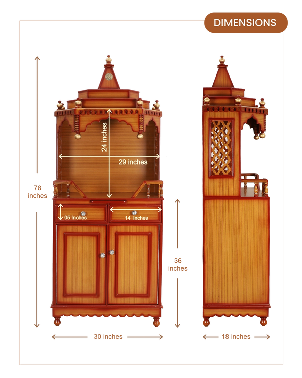 Brahma Kostha Large Floor Rested Pooja Mandap (Teak Gold) dimensions