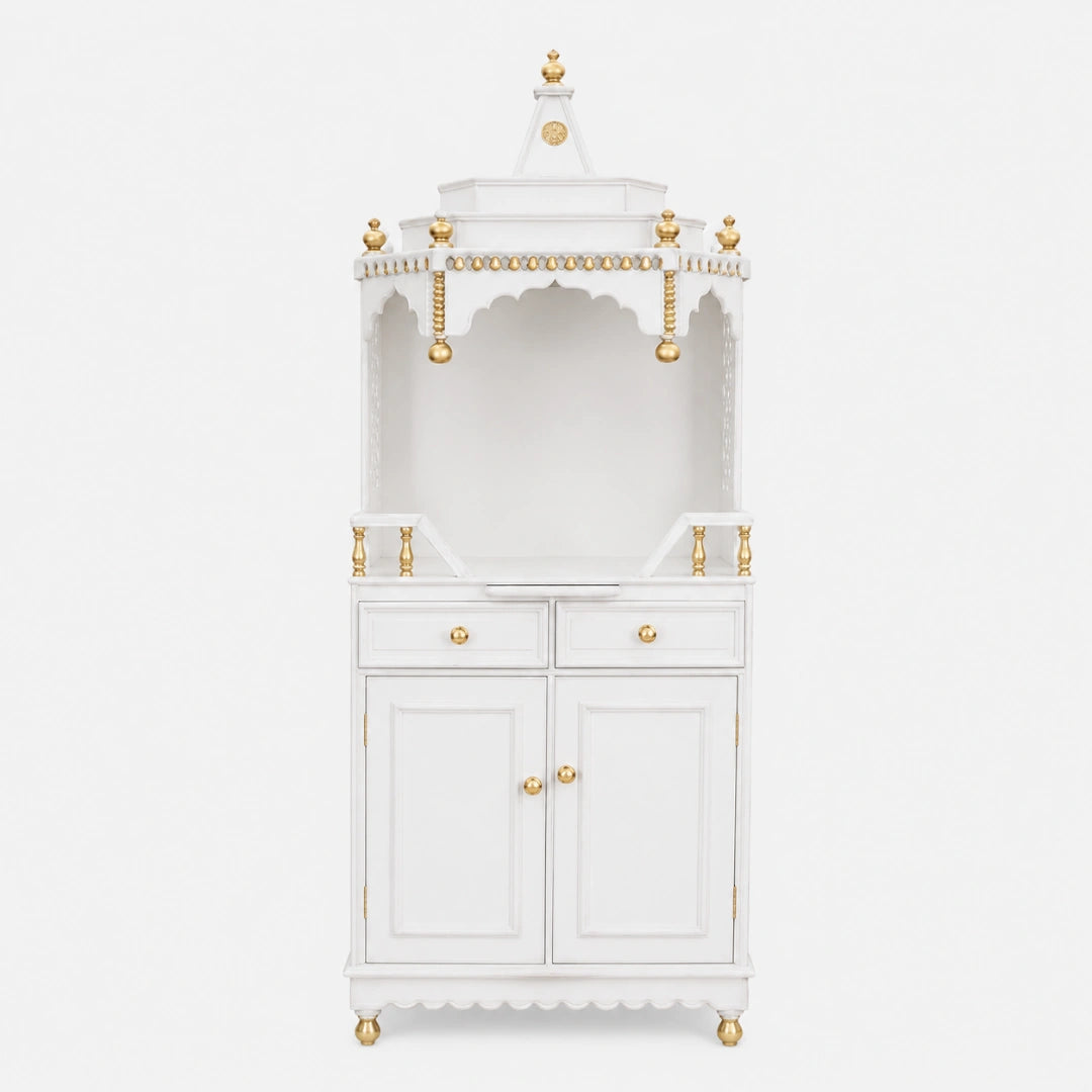 Brahma Kostha Large Floor Rested Pooja Mandap (White Gold) Front View