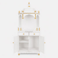 Brahma Kostha Large Floor Rested Pooja Mandap (White Gold) Front View with open drawers