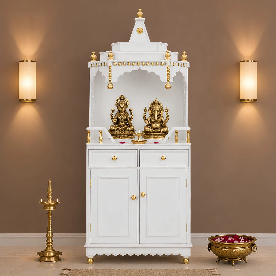 Brahma Kostha Large Floor Rested Pooja Mandap (White Gold) Lifestyle Image